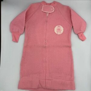 Vintage 70s Dr Dentons Newborn Pink Fleece Sleep Sack Embroidered Cat Patch Soft
